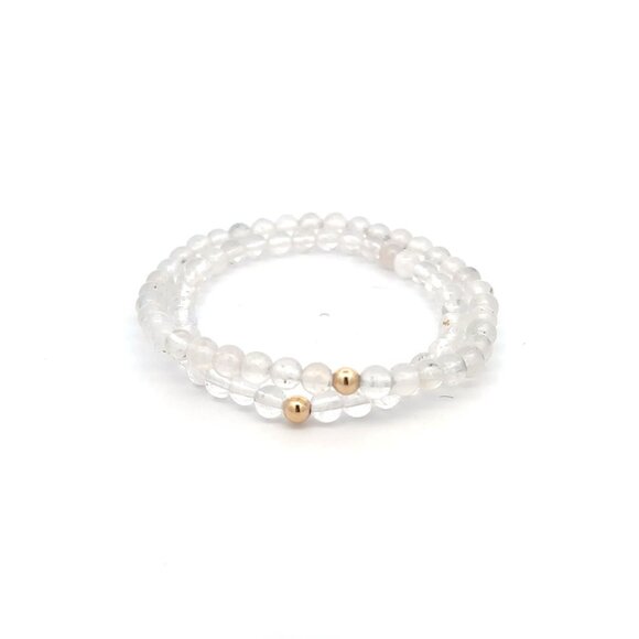 Moonstone & Clear Quartz Gemstone Stretch Bracelet with 14K Gold Accent Bead Han - Picture 1 of 7